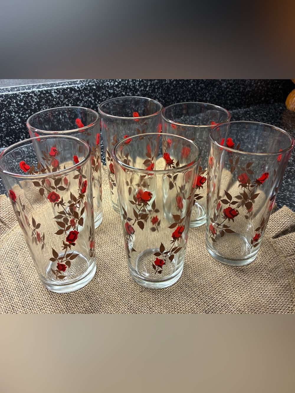 Vtg 70s Anchor Hocking Set Of 6 Climbing Roses Drinking Glasses Rosebuds Barware